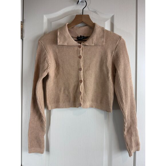 Pretty Little Thing Petite Oatmeal Knitted Rib Cropped Cardigan Women's 8 - NWT - Picture 1 of 11